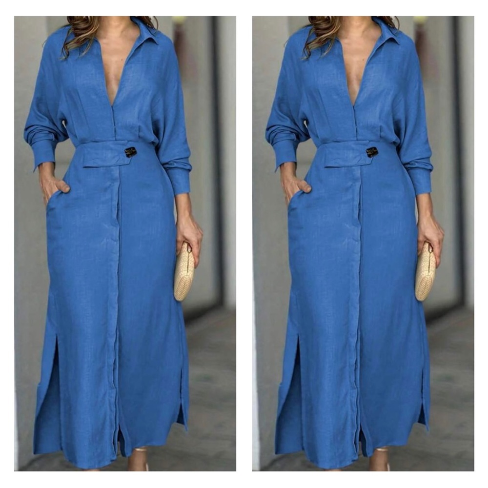 Blue Long Sleeve Maxi Shirt Dress